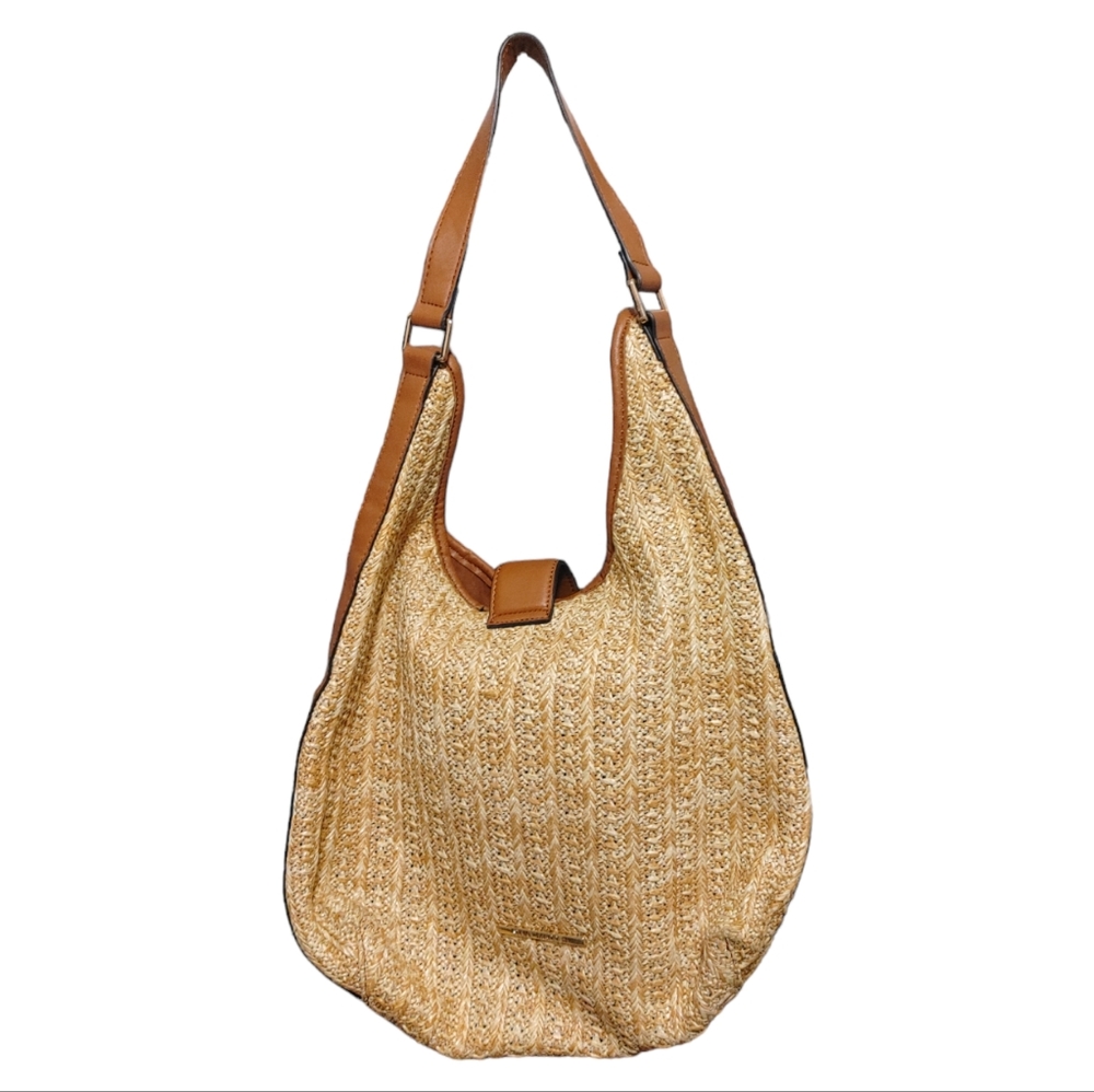 Steve Madden Wicker Beige Brown Faux Leather Hobo Shoulder Bag Handbag Purse - Picture 2 of 8